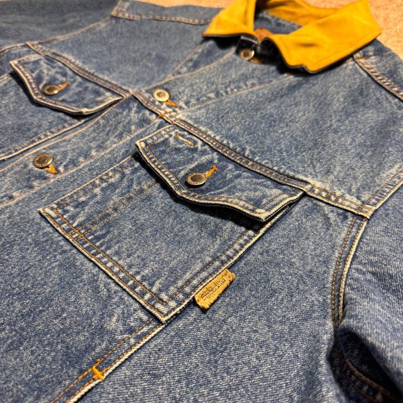 Vintage Timberland Classic Blue Denim Jacket Tam Leather Collar Weathergear Jean - Picture 12 of 13